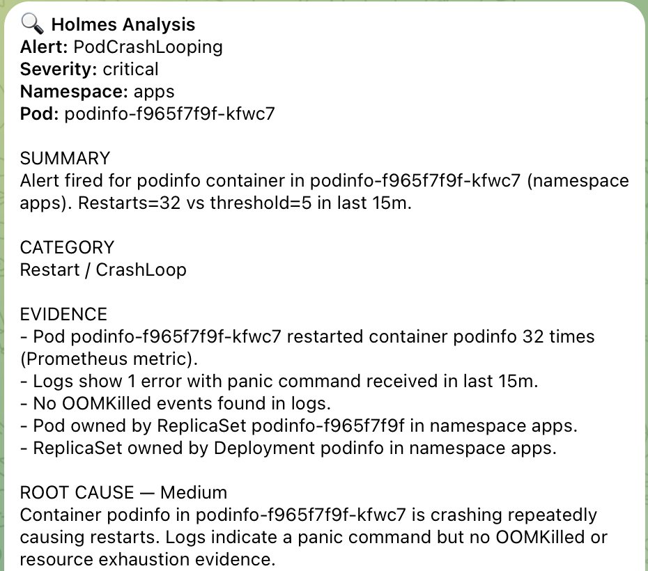 AI investigation of a crash-looping pod delivered as a message, with summary, evidence and root cause